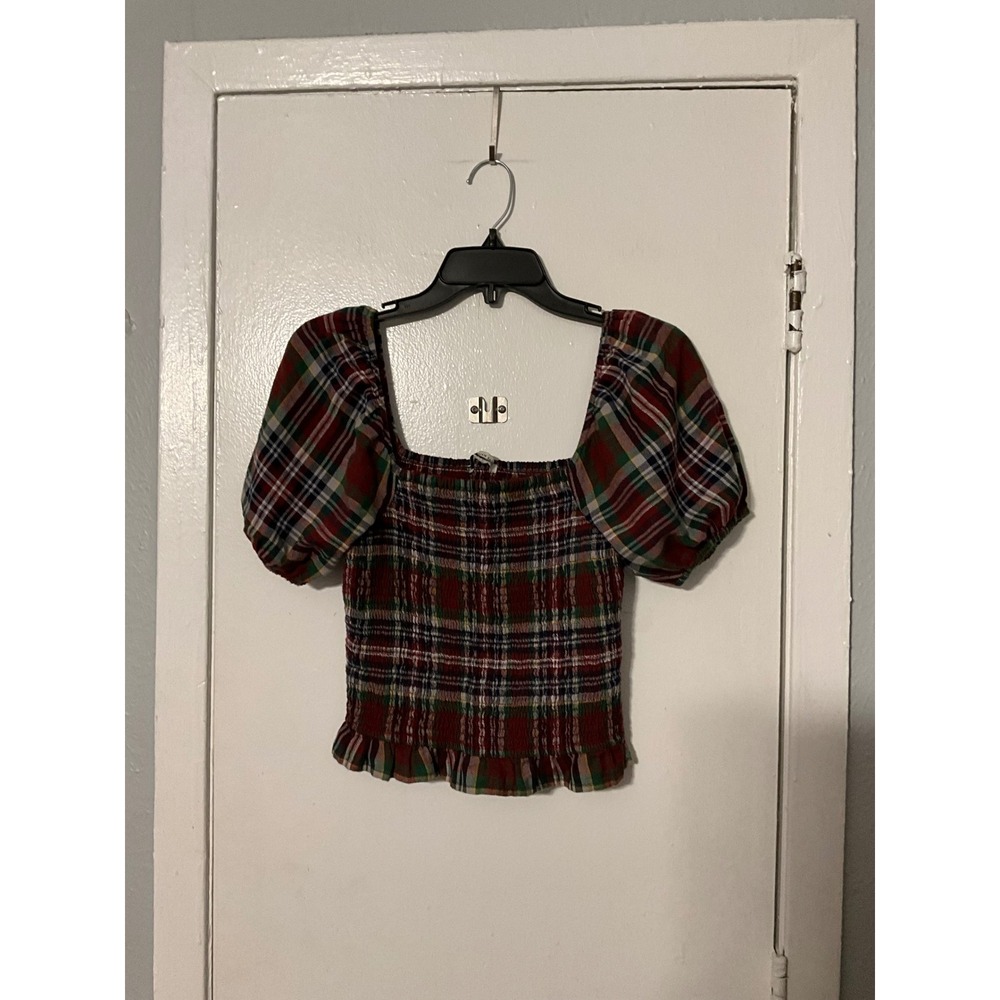 American Eagle Plaid Smocked Puff Sleeve CropTop Red Green XS Square Neck Ruffle